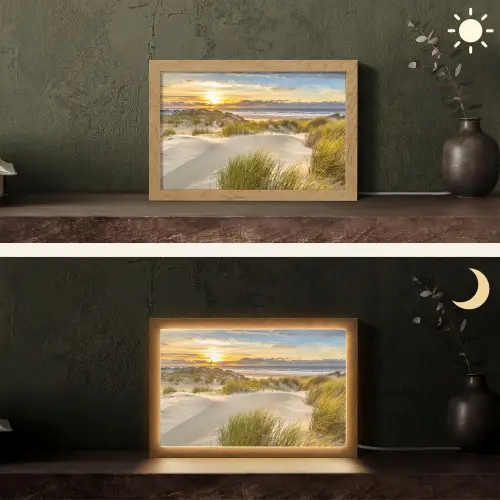 Zonsondergang - Duinen - Strand - Landschap Light Box met kabel (Tafellamp) klein -sfeer3