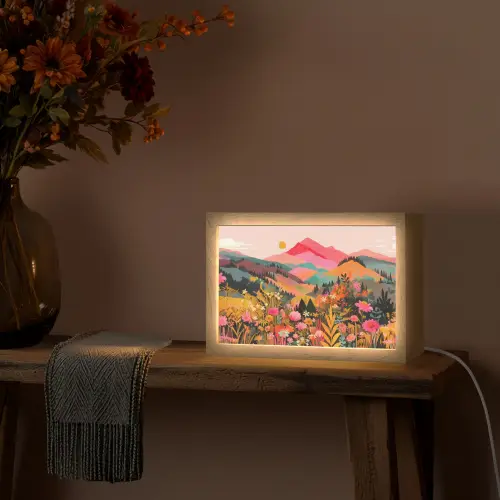 Zonsondergang - Bergvallei - Contrast Light Box met kabel (Tafellamp) klein -sfeer4