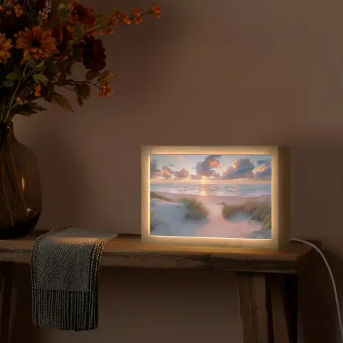 Zonsondergang - Zee - Strand - Duinen - Natuur Light Box met kabel (Tafellamp) klein -sfeer4