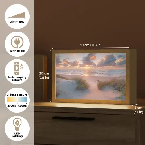 Zonsondergang - Zee - Strand - Duinen - Natuur Light Box met kabel (Tafellamp) klein -USP_EN