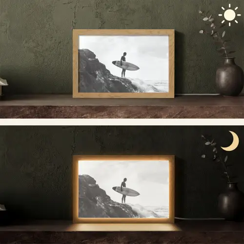 Surfer - Rots - Oceaan - Golven Light Box met kabel (Tafellamp) klein -sfeer3