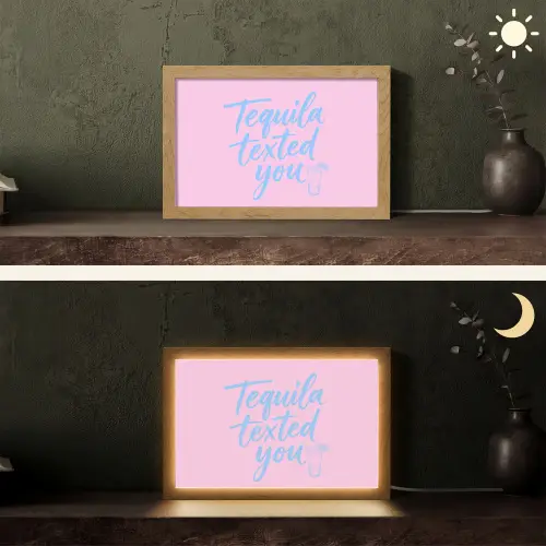 Tequila texted you - Roze - Blauw Light Box met kabel (Tafellamp) klein -sfeer3