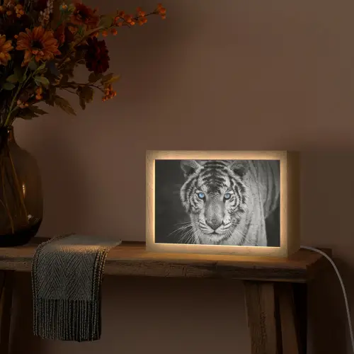 Tijger - Dier - Zwart - Blauw - Modern Light Box met kabel (Tafellamp) klein -sfeer4