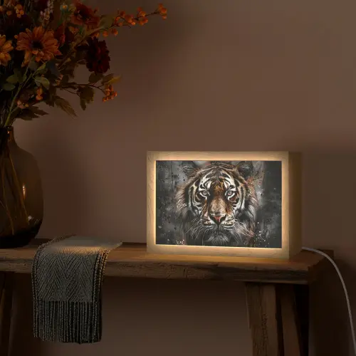 Tijger - Dieren - Portret - Luxe - Zwart Light Box met kabel (Tafellamp) klein -sfeer4