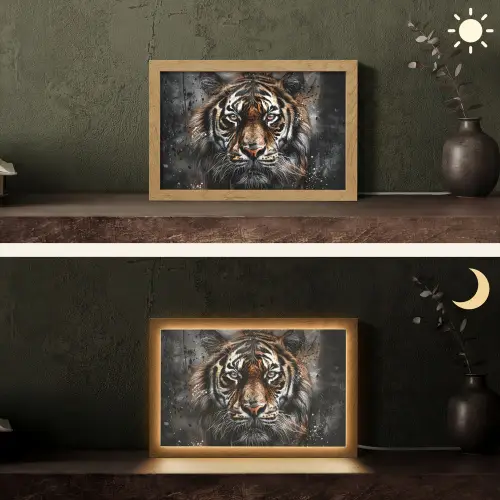 Tijger - Dieren - Portret - Luxe - Zwart Light Box met kabel (Tafellamp) klein -sfeer3
