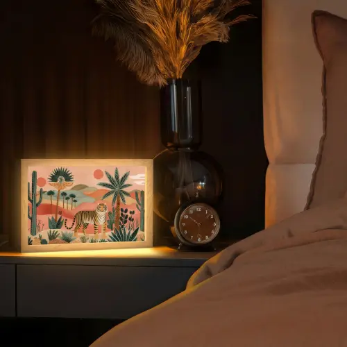 Tijger - Palmen - Cactus - Oranje Light Box met kabel (Tafellamp) klein -sfeer1