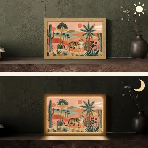 Tijger - Palmen - Cactus - Oranje Light Box met kabel (Tafellamp) klein -sfeer3