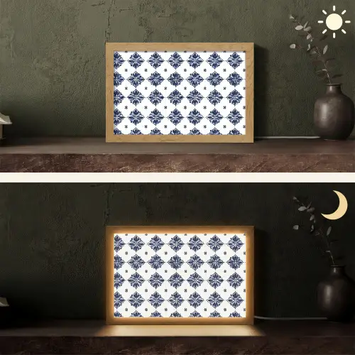 Tegelmotief - Blauw - Wit - Bloem Light Box met kabel (Tafellamp) klein 924 -sfeer3