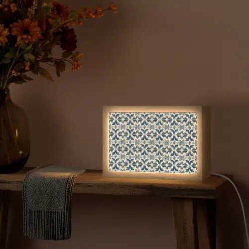 Tegel - Patroon - Blauw - Beige Light Box met kabel (Tafellamp) klein 924 -sfeer4