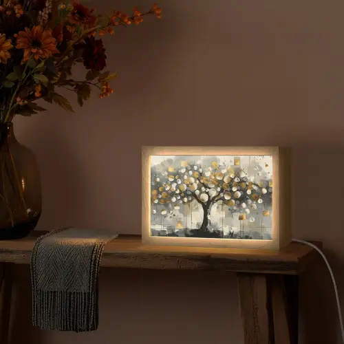 Boom - Abstract - Beige - Goud - Zwart Light Box met kabel (Tafellamp) klein -sfeer4