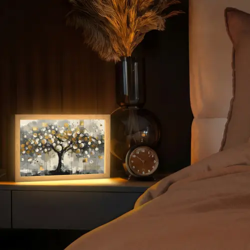 Boom - Abstract - Beige - Goud - Zwart Light Box met kabel (Tafellamp) klein -sfeer1