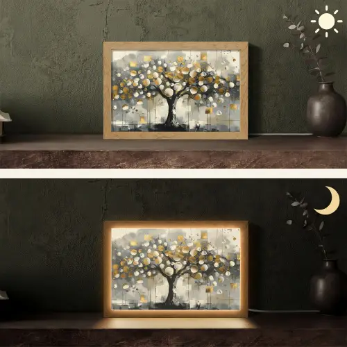 Boom - Abstract - Beige - Goud - Zwart Light Box met kabel (Tafellamp) klein -sfeer3