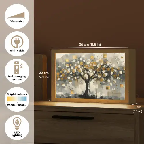 Boom - Abstract - Beige - Goud - Zwart Light Box met kabel (Tafellamp) klein -USP_EN