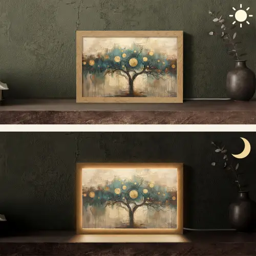Boom - Abstract - Bruin - Goud - Industrieel Light Box met kabel (Tafellamp) klein -sfeer3