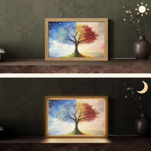 Boom - Kunst - Seizoenen - Herfst Light Box met kabel (Tafellamp) klein -sfeer3