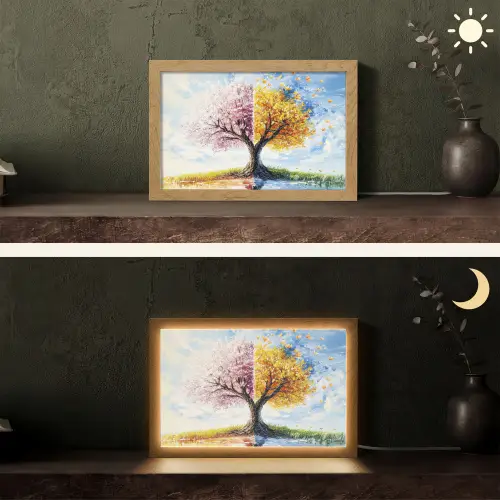 Boom - Kunst - Seizoenen - Lente - Herfst Light Box met kabel (Tafellamp) klein -sfeer3