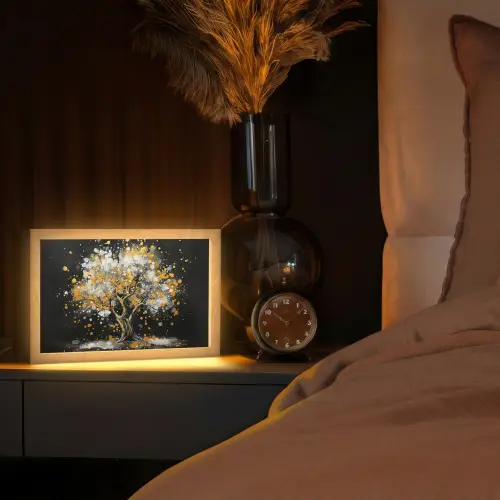 Boom - Zwart - Goud - Wit - Modern Light Box met kabel (Tafellamp) klein -sfeer1