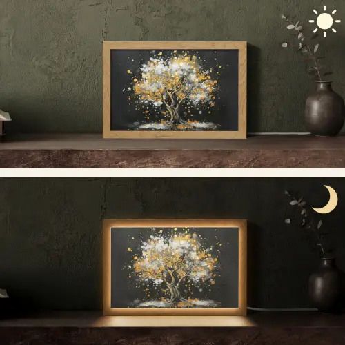 Boom - Zwart - Goud - Wit - Modern Light Box met kabel (Tafellamp) klein -sfeer3