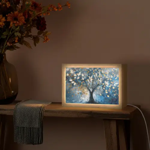 Boom - Blauw - Goud - Abstract Light Box met kabel (Tafellamp) klein -sfeer4