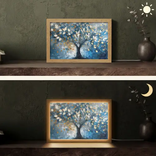 Boom - Blauw - Goud - Abstract Light Box met kabel (Tafellamp) klein -sfeer3