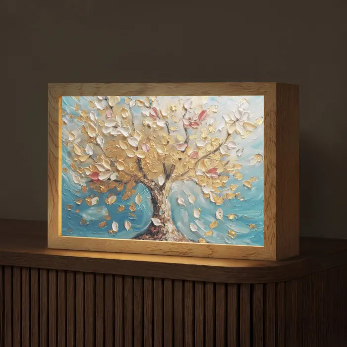 Boom - Blauw - Goud - Abstract - Modern Light Box met kabel (Tafellamp) klein -z3d_website