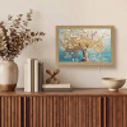 Boom - Blauw - Goud - Abstract - Modern Light Box met kabel (Tafellamp) klein -sfeer2