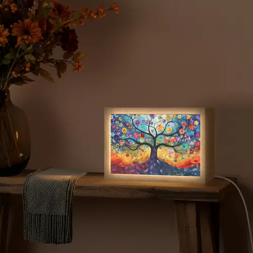 Boom - Kleurrijk - Bloemen - Kunst - Abstract Light Box met kabel (Tafellamp) klein -sfeer4