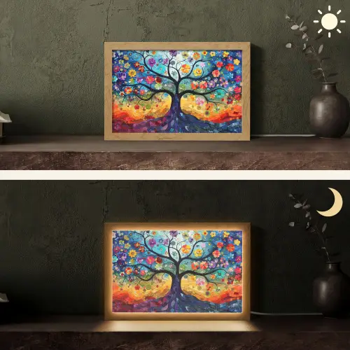 Boom - Kleurrijk - Bloemen - Kunst - Abstract Light Box met kabel (Tafellamp) klein -sfeer3