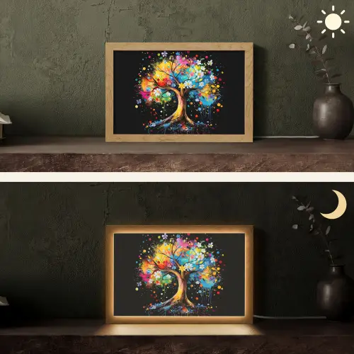 Boom - Kleurrijk - Bloemen - Zwart Light Box met kabel (Tafellamp) klein -sfeer3