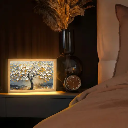Boom - Bloemen - Goud - Beige Light Box met kabel (Tafellamp) klein -sfeer1