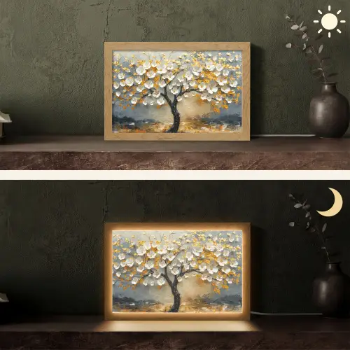 Boom - Bloemen - Goud - Beige Light Box met kabel (Tafellamp) klein -sfeer3