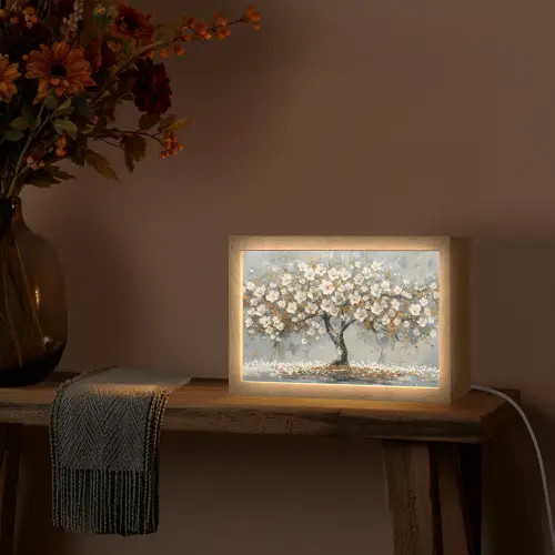 Boom - Goud - Bloemen - Abstract - Kunst Light Box met kabel (Tafellamp) klein -sfeer4