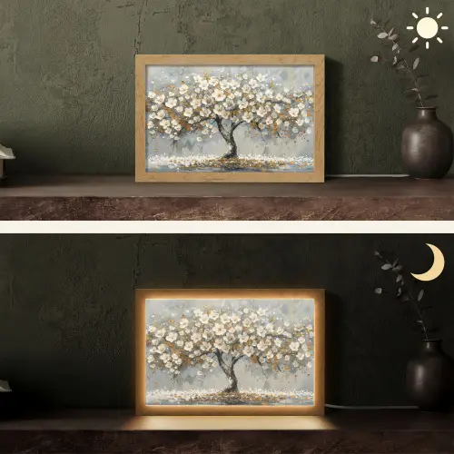 Boom - Goud - Bloemen - Abstract - Kunst Light Box met kabel (Tafellamp) klein -sfeer3