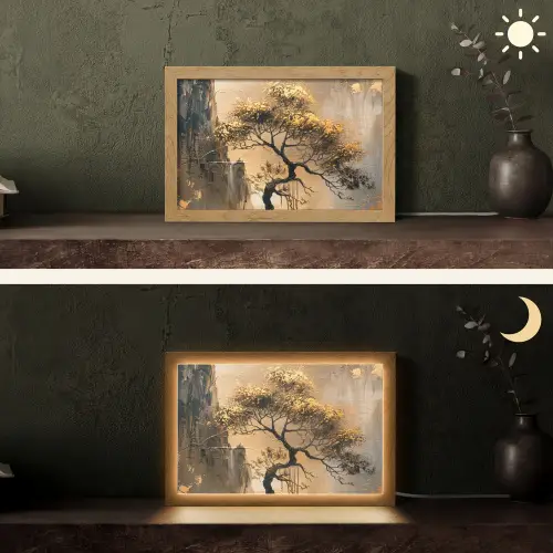 Boom - Goud - Landschap - Verf Light Box met kabel (Tafellamp) klein -sfeer3