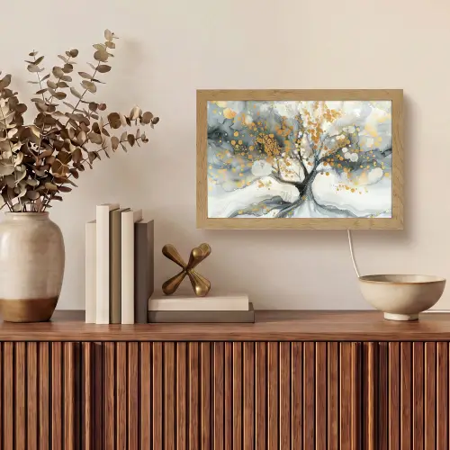 Boom - Modern - Abstract - Goud - Zwart - Wit Light Box met kabel (Tafellamp) klein -sfeer2