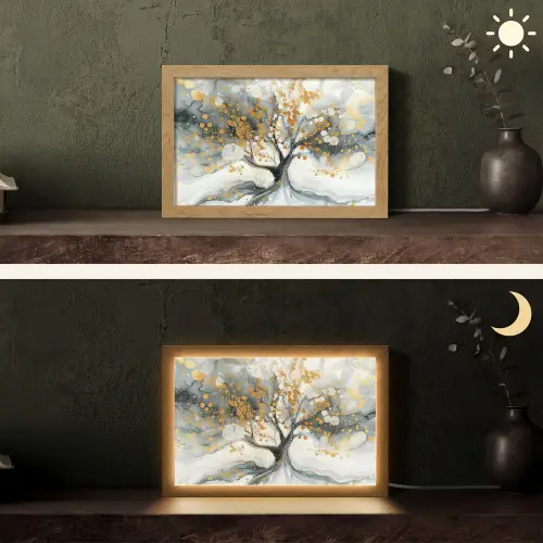 Boom - Modern - Abstract - Goud - Zwart - Wit Light Box met kabel (Tafellamp) klein -sfeer3