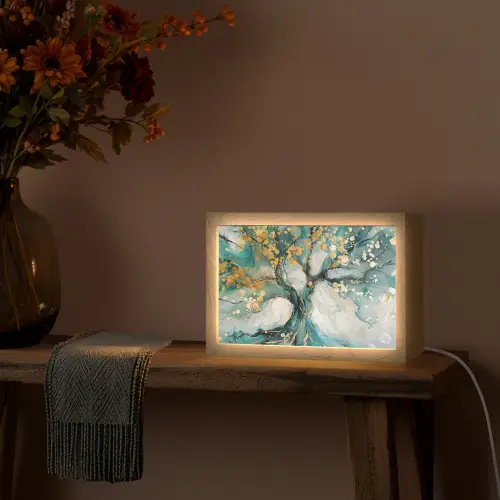 Boom - Modern - Verflook - Turquoise - Goud Light Box met kabel (Tafellamp) klein -sfeer4