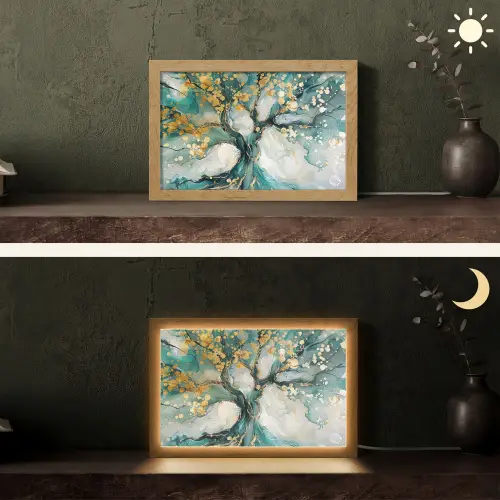 Boom - Modern - Verflook - Turquoise - Goud Light Box met kabel (Tafellamp) klein -sfeer3