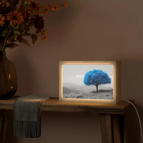 Boom - Natuur - Blauw - Zwart wit Light Box met kabel (Tafellamp) klein -sfeer4