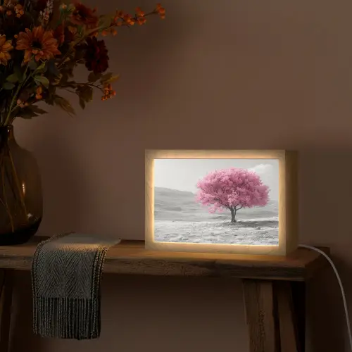 Boom - Natuur - Roze - Zwart wit Light Box met kabel (Tafellamp) klein -sfeer4