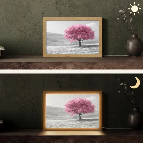 Boom - Natuur - Roze - Zwart wit Light Box met kabel (Tafellamp) klein -sfeer3