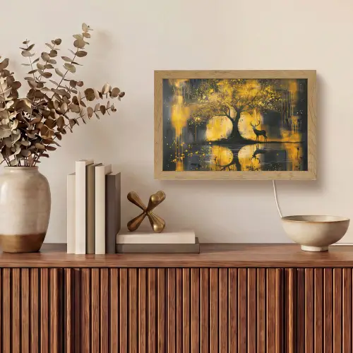 Boom - Verflook - Hert - Natuur - Goud Light Box met kabel (Tafellamp) klein -sfeer2