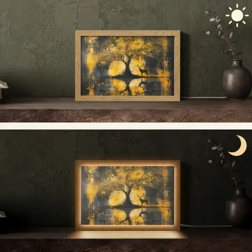 Boom - Verflook - Hert - Natuur - Goud Light Box met kabel (Tafellamp) klein -sfeer3