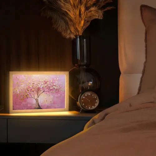 Boom - Roze - Goud - Modern Light Box met kabel (Tafellamp) klein -sfeer1