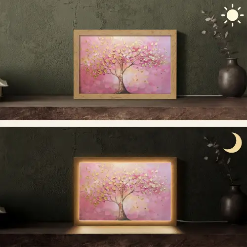 Boom - Roze - Goud - Modern Light Box met kabel (Tafellamp) klein -sfeer3