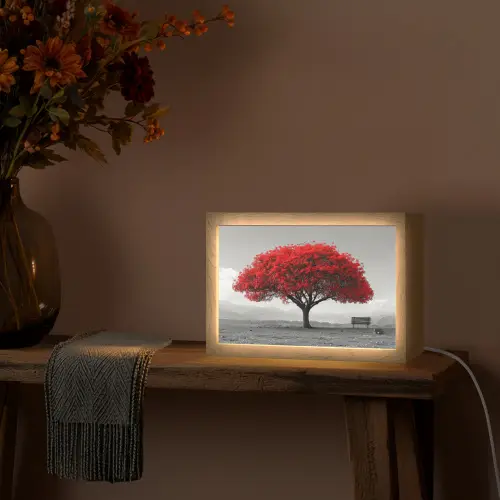 Boom - Rood - Natuur - Zwart wit Light Box met kabel (Tafellamp) klein -sfeer4