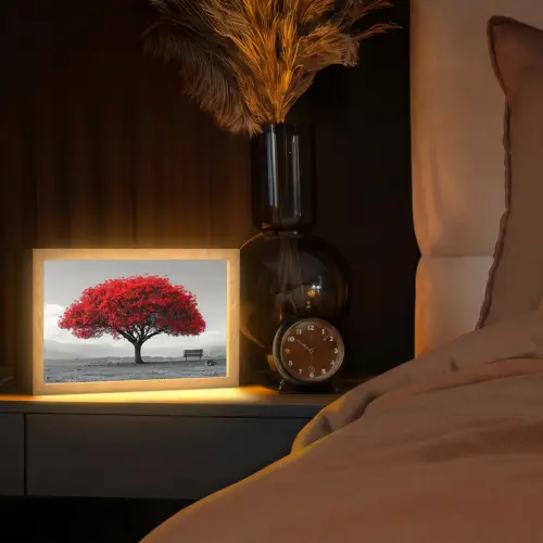 Boom - Rood - Natuur - Zwart wit Light Box met kabel (Tafellamp) klein -sfeer1