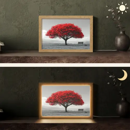 Boom - Rood - Natuur - Zwart wit Light Box met kabel (Tafellamp) klein -sfeer3