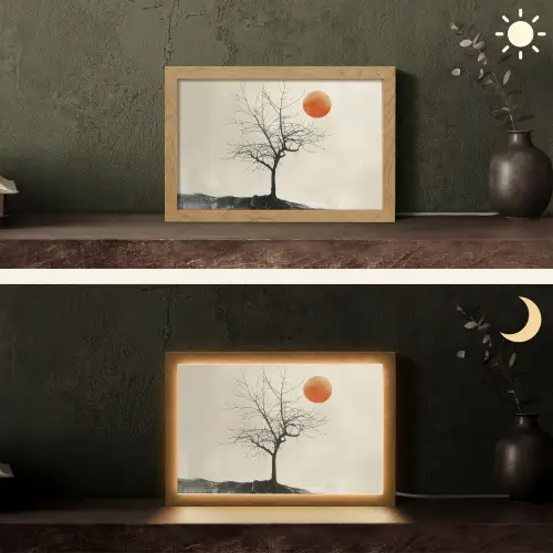 Boom - Zon - Modern - Landschap Light Box met kabel (Tafellamp) klein -sfeer3