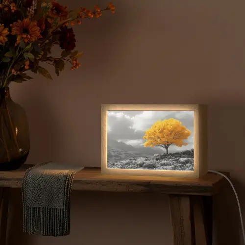 Boom - Geel - Natuur - Zwart wit Light Box met kabel (Tafellamp) klein -sfeer4